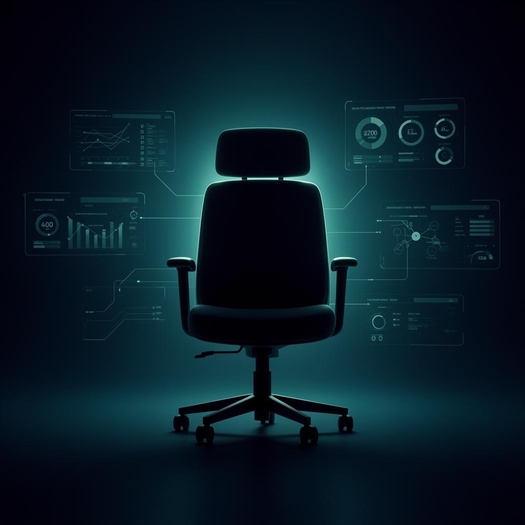 Empty executive chair surrounded by operational dashboards